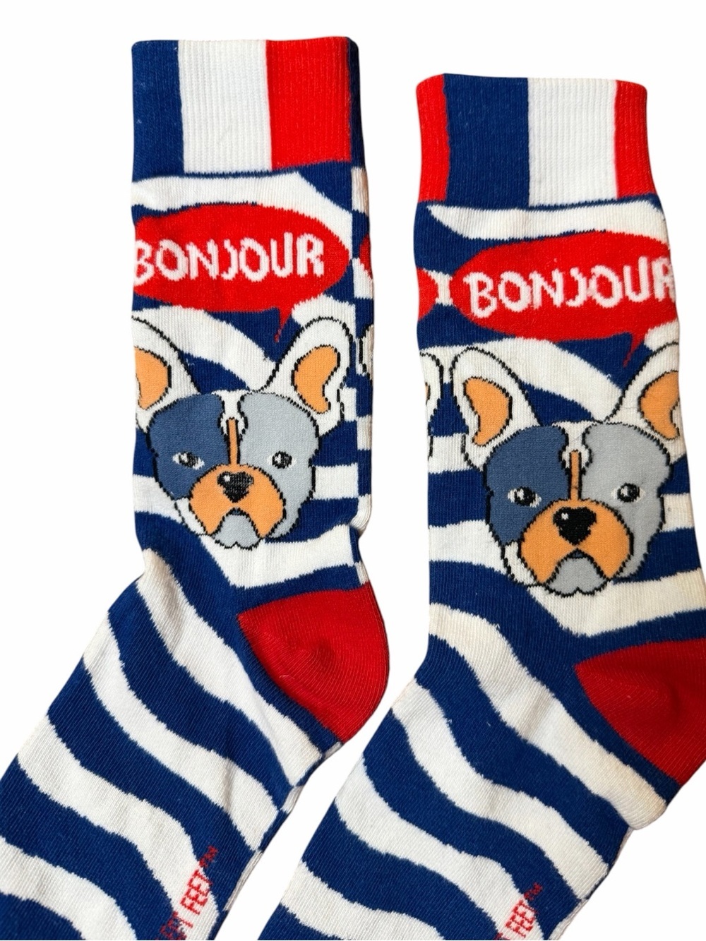 🐶🇫🇷 Bonjour French Bulldog Stripe Dog Socks - Blue, White & Red Unisex Medium